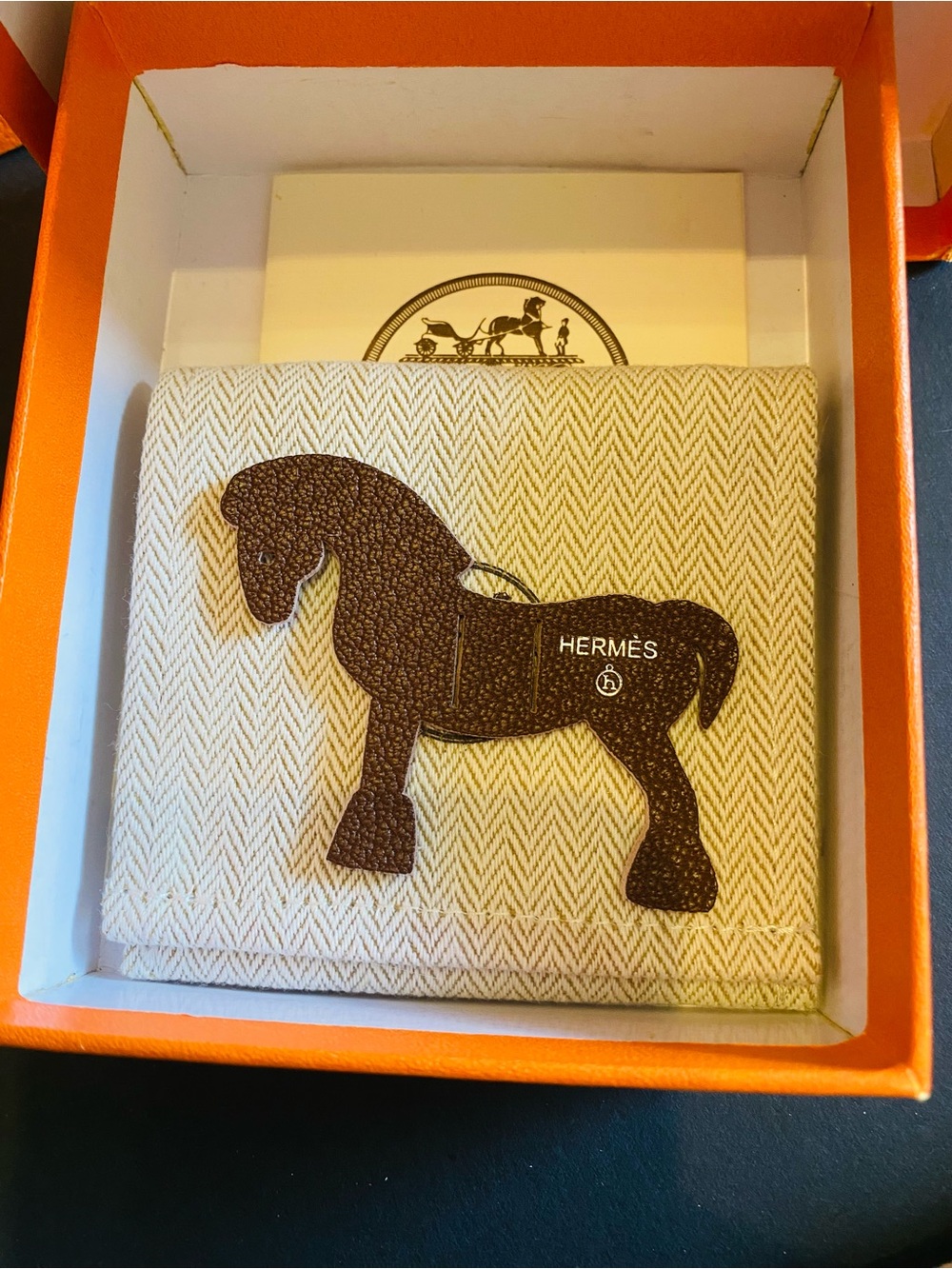 Hermès Petit H Brown Leather Horse Charm with Hermes Ribbon. Authentic.